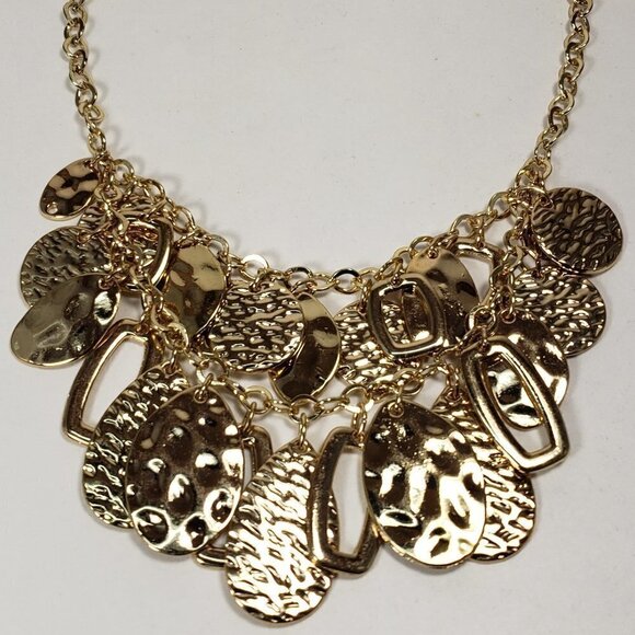 Polished  Gold tone Layered Textured, Hammered Discs Hoops Charms Necklace - Picture 1 of 8